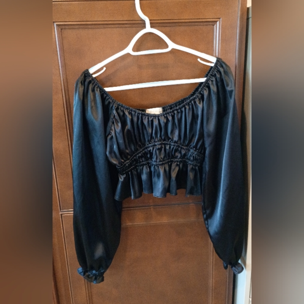 Satin Peasant Crop Top Blouse